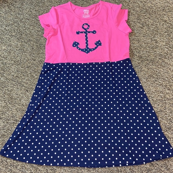 Faded Glory Pink and Navy Polka Dot Dress with Anchor Design Girl Sz XL (14-16) - Picture 1 of 8